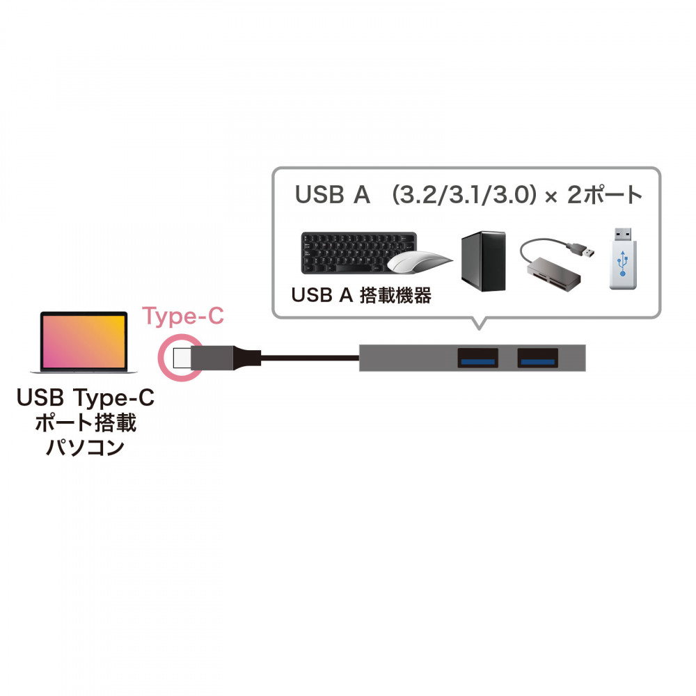 USB Type-C 2ポートスリムハブ【USB-3TCH24SN】