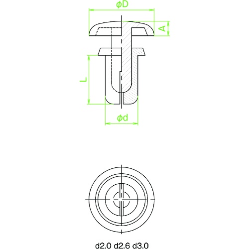 プッシュリベット 板厚2.1～2.8mm 穴径2.1Φ 長さ4.0 黒 50個入【TPR2040-BK】