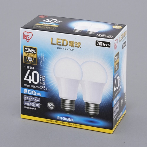 IRIS LED電球 E26 広配光 40形相当 昼白色 2個セット【LDA4N-G-4T52P】