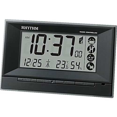 RHYTHM リズム 電波 目覚まし時計 温湿度計付き 環境目安表示 黒【8RZ207SR02】