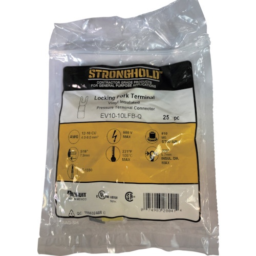 ストロングホールド ビニール絶縁被覆付圧着端子(抜け防止タイプ 先開形) 電線サイズ:AWG12～10/3.5～5.5sq 取付ネジ:M5 25個入り EV10-10LFB-Q【EV10-10LFB-Q】