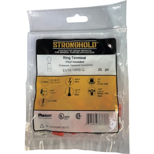 ストロングホールド ビニール絶縁被覆付圧着端子(丸形) 電線サイズ:AWG22～18/0.3～0.75sq 取付ネジ:M6 25個入り EV18-14RB-Q【EV18-14RB-Q】