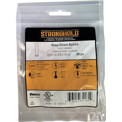 ストロングホールド Step Downビニール絶縁被覆付圧着スリーブ(突き合せ用) 電線サイズ:AWG16～14/AWG22～18 25個入り ESV14-ESV18-Q【ESV14-ESV18-Q】