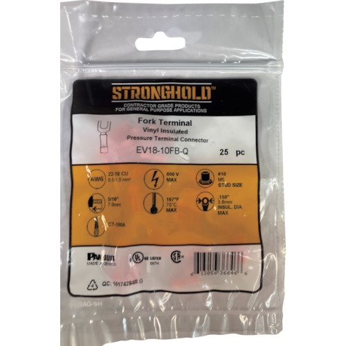 ストロングホールド ビニール絶縁被覆付圧着端子(先開形) 電線サイズ:AWG22～18/0.3～0.75sq 取付ネジ:M5 25個入り EV18-10FB-Q【EV18-10FB-Q】