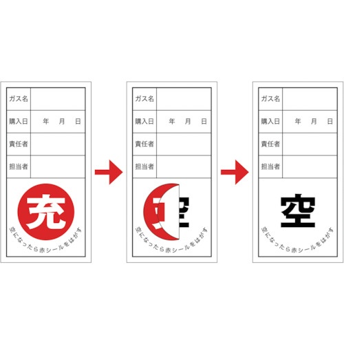 緑十字 高圧ガス関係標識 ボンベ充空ステッカー 充(赤)⇒空(黒) 札-12 100×50mm 10枚組【042012】