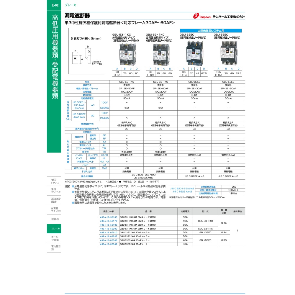中性線欠相保護付漏電遮断器【GBU-63･1EC-60A-30MA】
