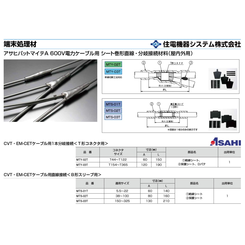 アサヒパットマイテA(CVT・EM-CETケーブル用直線接続 B形スリーブ)【MTS-03T】