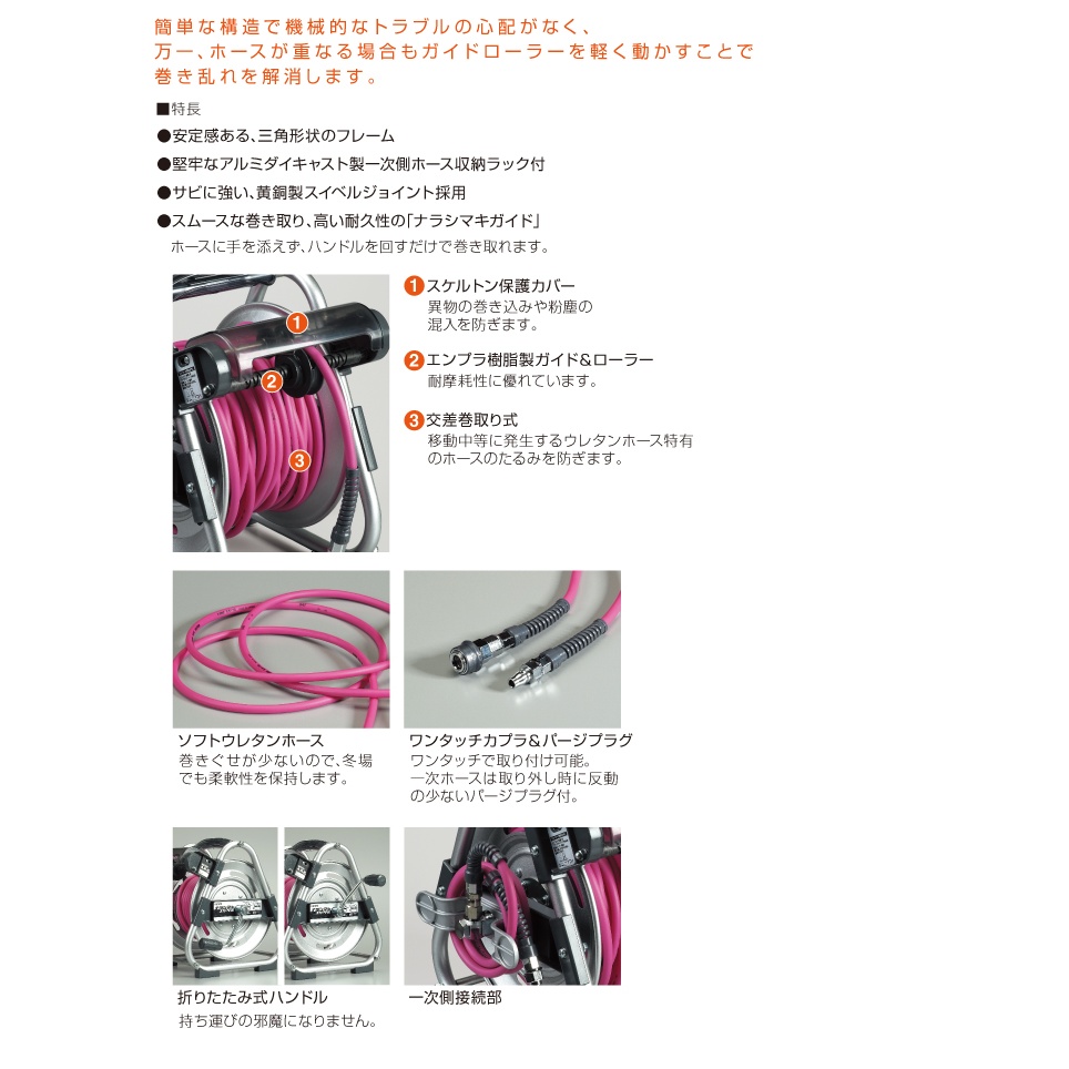 6.5mmx30m エアーホースリール(ウレタン製)【EA124BA-1】