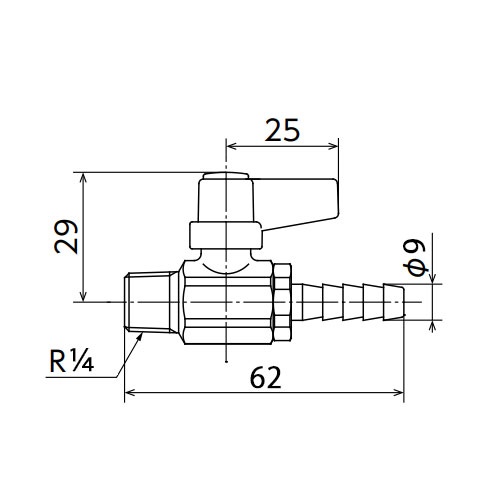 R 1/4インチ x 9.0mm ミニボールバルブ(ホースニップル付)【EA425AJ-56】