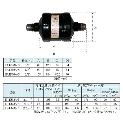 F3/8インチ リキッドラインフィルタードライヤー(フレアー)【EA495MA-3】