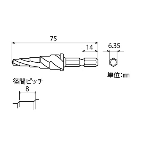 M5-M12 ステップドリル(1/4’’六角軸.タップ下穴用)【EA825GT-11】