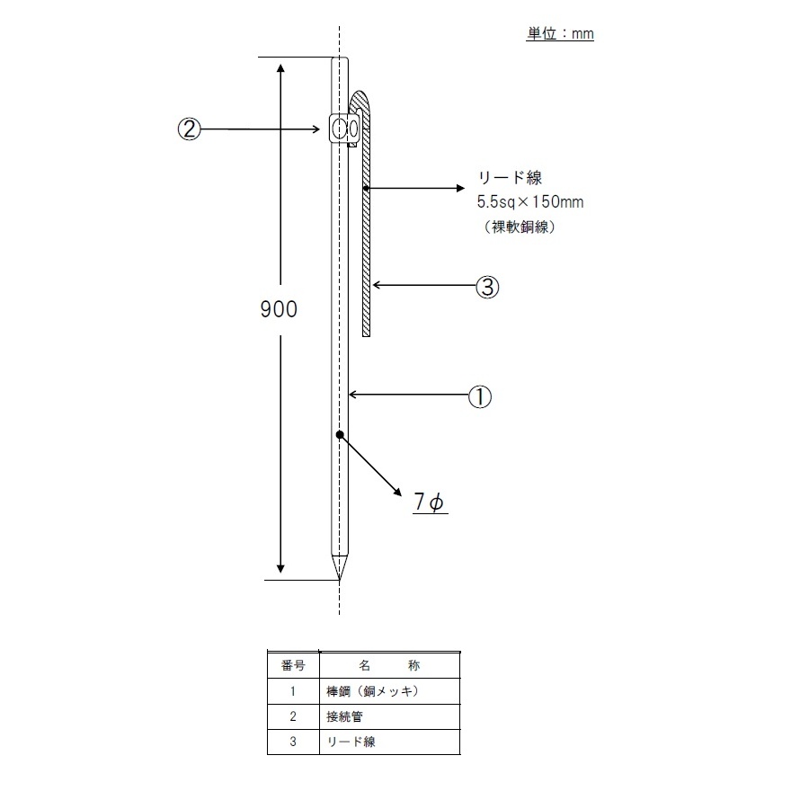 φ7 × 900mm アース棒(丸型)【EA940AS-41A】