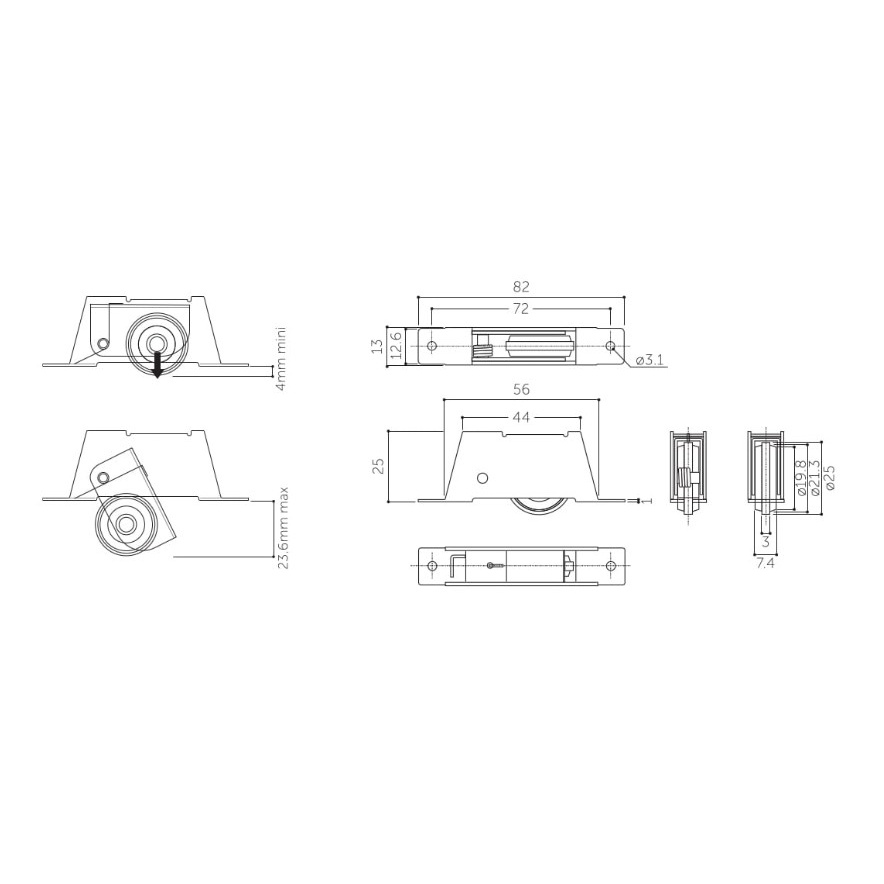 25mm 吊戸フレ止めガイド(ポリアセタール車/鋼板枠)【EA986RH-110】