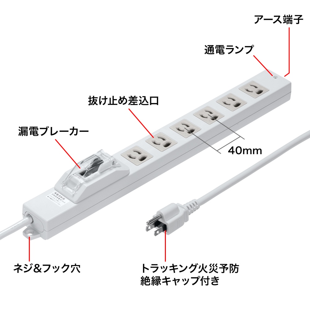 漏電ブレーカータップ（3P・6口・1m）【TAP-BR36LN-1】