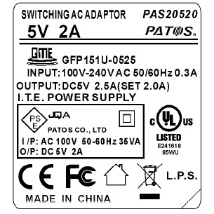 スイッチングACアダプター 5V/2A【PAS20520A】