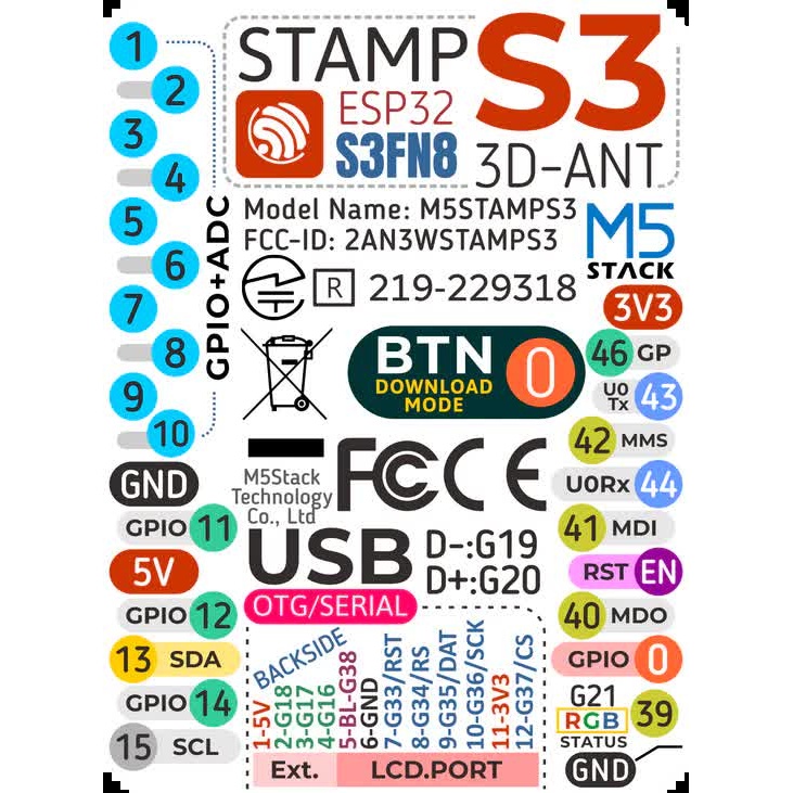 M5StampS3(1.27mmピッチピンヘッダ実装済)【M5STACK-S007-PIN127】