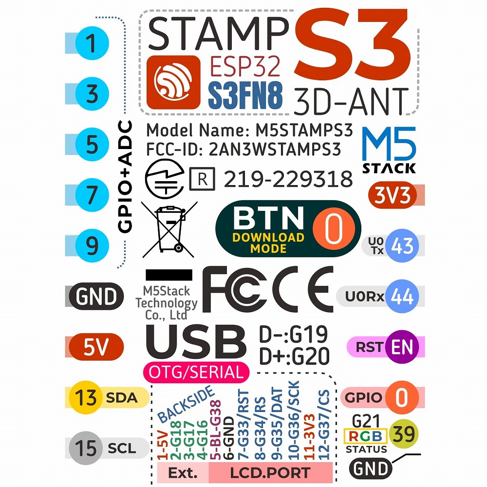 M5StampS3(2.54mmピッチピンヘッダ実装版)【M5STACK-S007-PIN254】