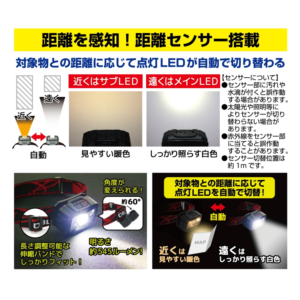 LED距離センサーヘッドライト【DT-HL-06】