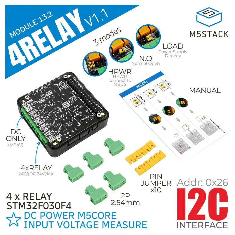 M5Stack用4チャンネルリレー13.2モジュール v1.1【M5STACK-M121-V11】