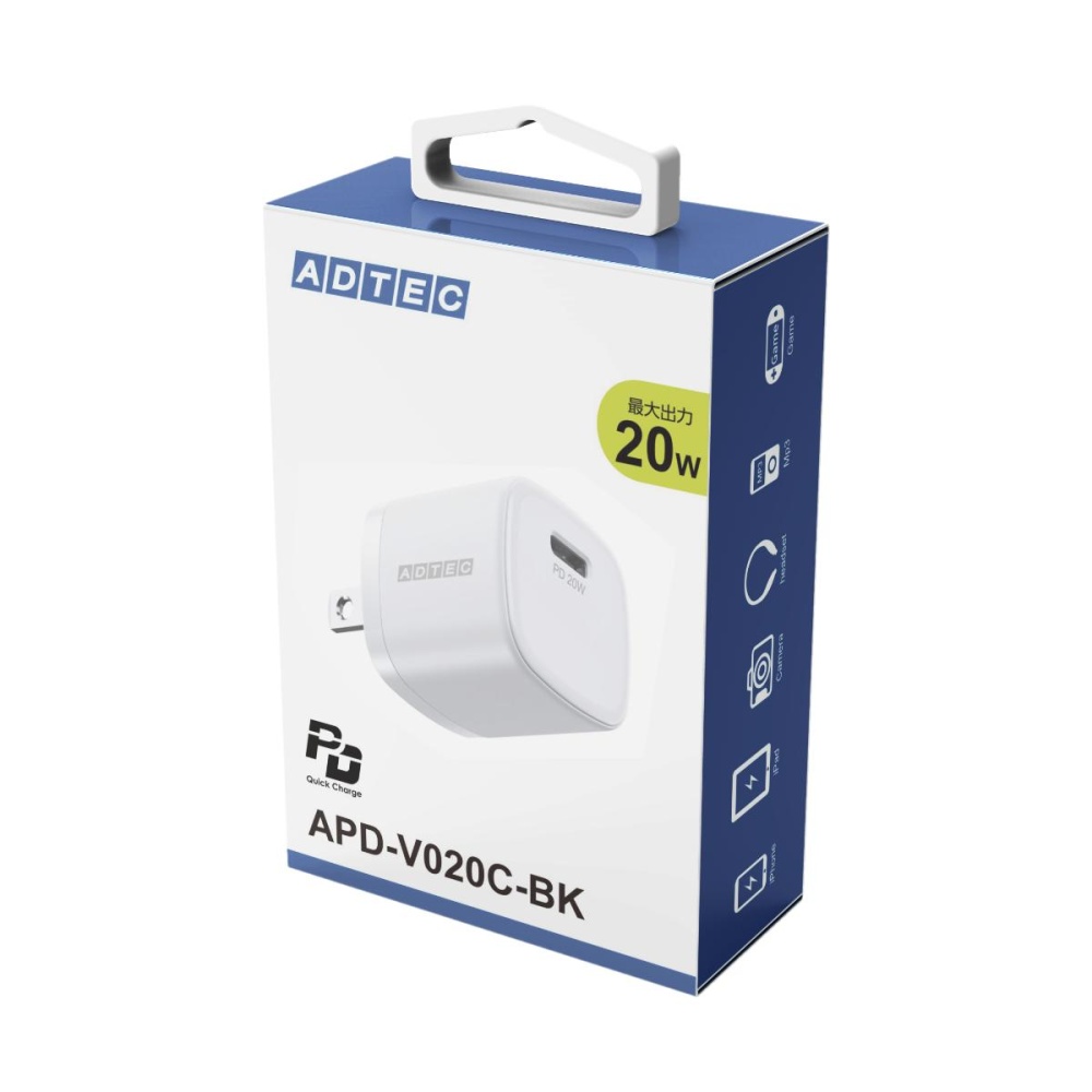 Power Delivery対応充電器(最大20W/Type-C×1/ホワイト)【APD-V020C-WH】