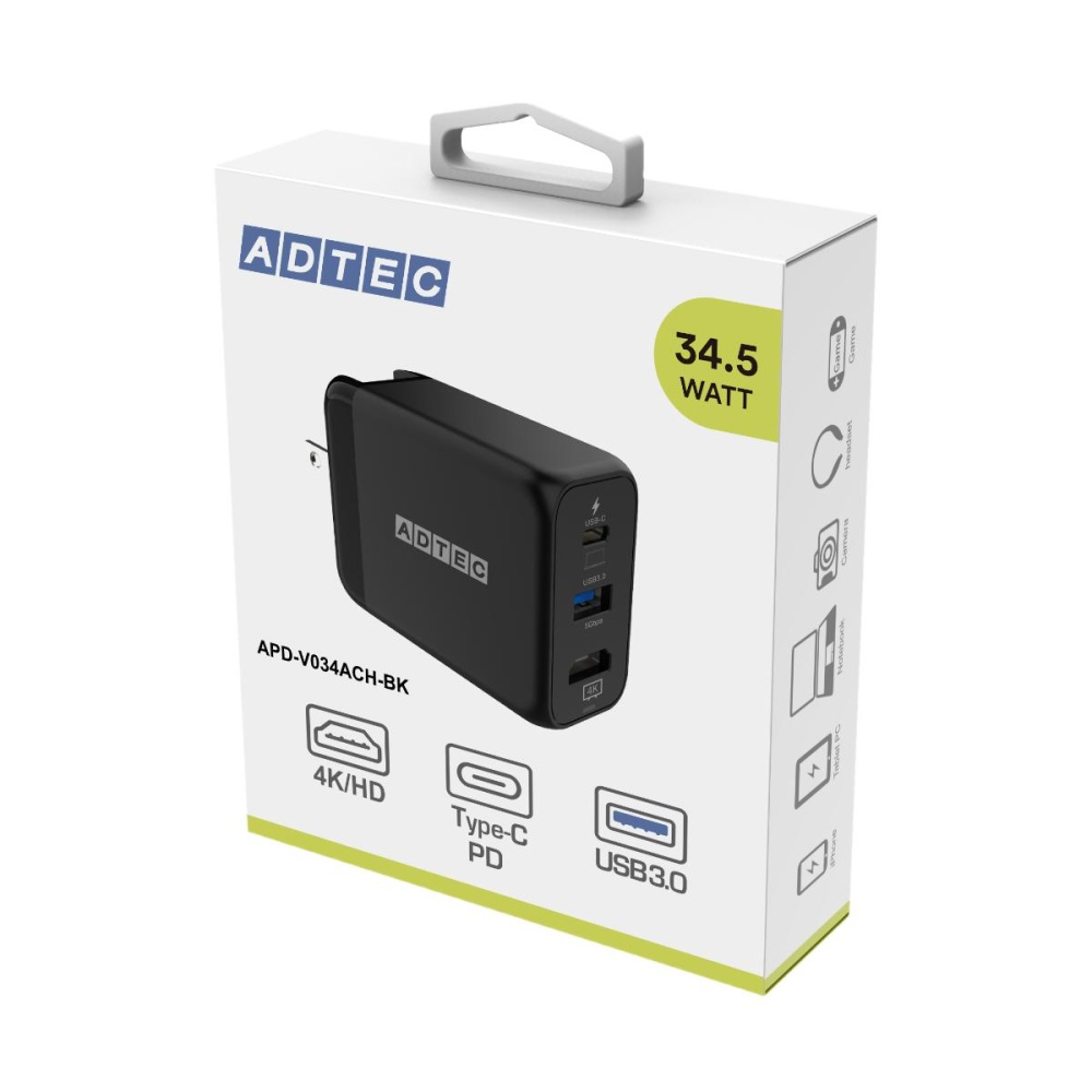 4K 出力対応/PD3.0対応充電器(最大34.5W/Type-C×1 Type-A×1 & HDMI×1/Type-C ケーブル付属/ブラック)【APD-V034ACH-BK】