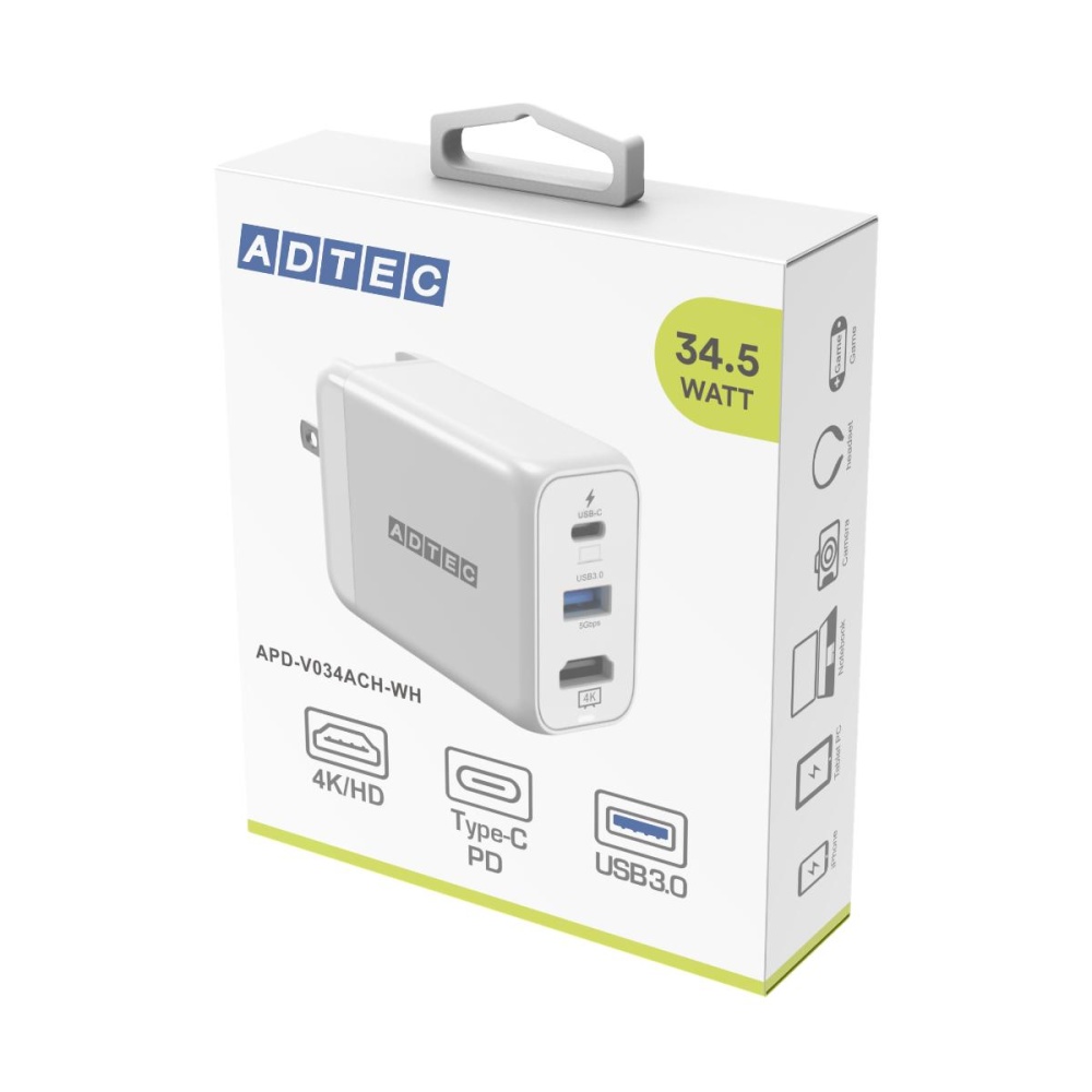 4K 出力対応/PD3.0対応充電器(最大34.5W/Type-C×1、Type-A×1 & HDMI×1/Type-C ケーブル付属/ホワイト)【APD-V034ACH-WH】