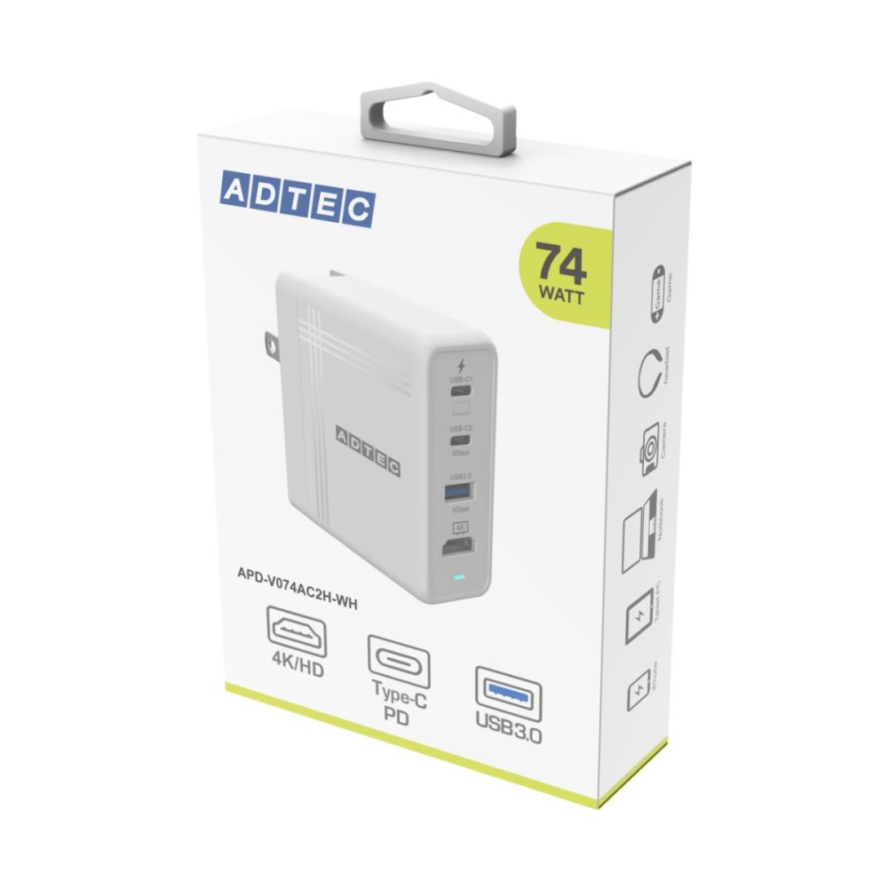 4K 出力対応/PD3.0対応充電器(最大74W/Type-C×2 Type-A×1 & HDMI×1/Type-C ケーブル付属/ホワイト)【APD-V074AC2H-WH】