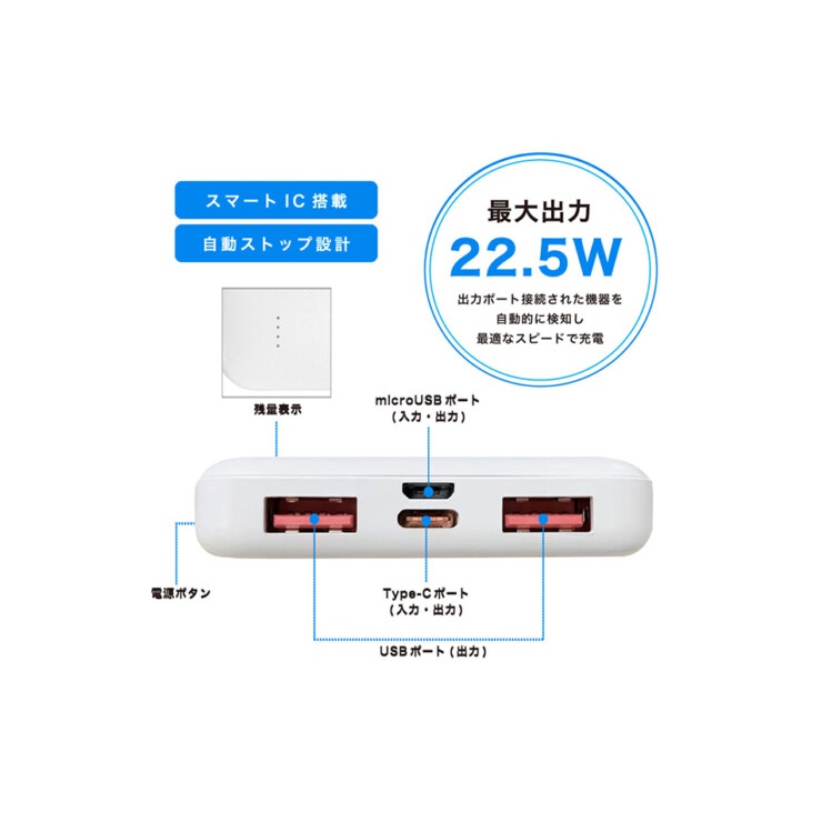 PD対応 10000mAh モバイルバッテリー ブラック【L-10M-B2】