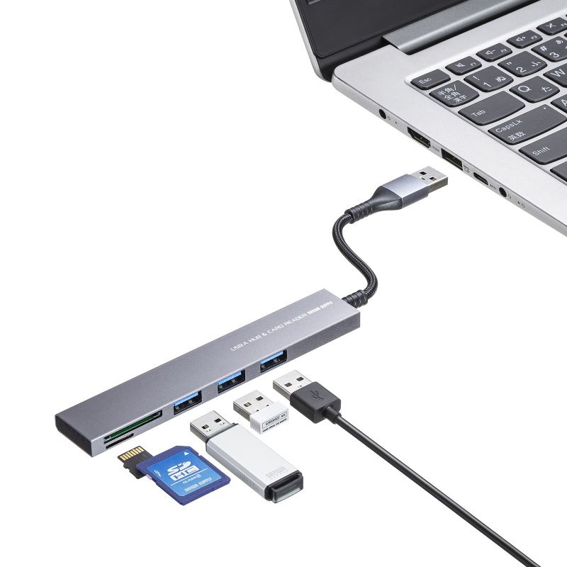 USB 5Gbps 3ポート スリム ハブ(カードリーダー付き・USB A接続)【USB-3HC320MS】