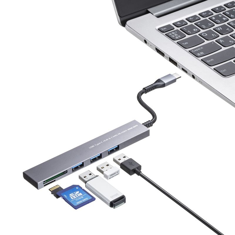 USB 5Gbps 3ポート スリム ハブ(カードリーダー付き・Type-C接続)【USB-3TCHC20MS】