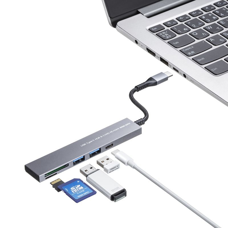 USB 5Gbps 3ポート スリム ハブ(カードリーダー付き・Type-C接続)【USB-3TCHC21MS】
