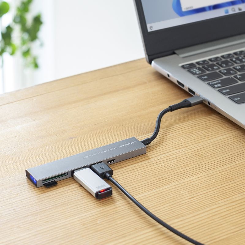 USB 5Gbps 3ポート スリム ハブ(カードリーダー付き・Type-C接続)【USB-3TCHC21MS】