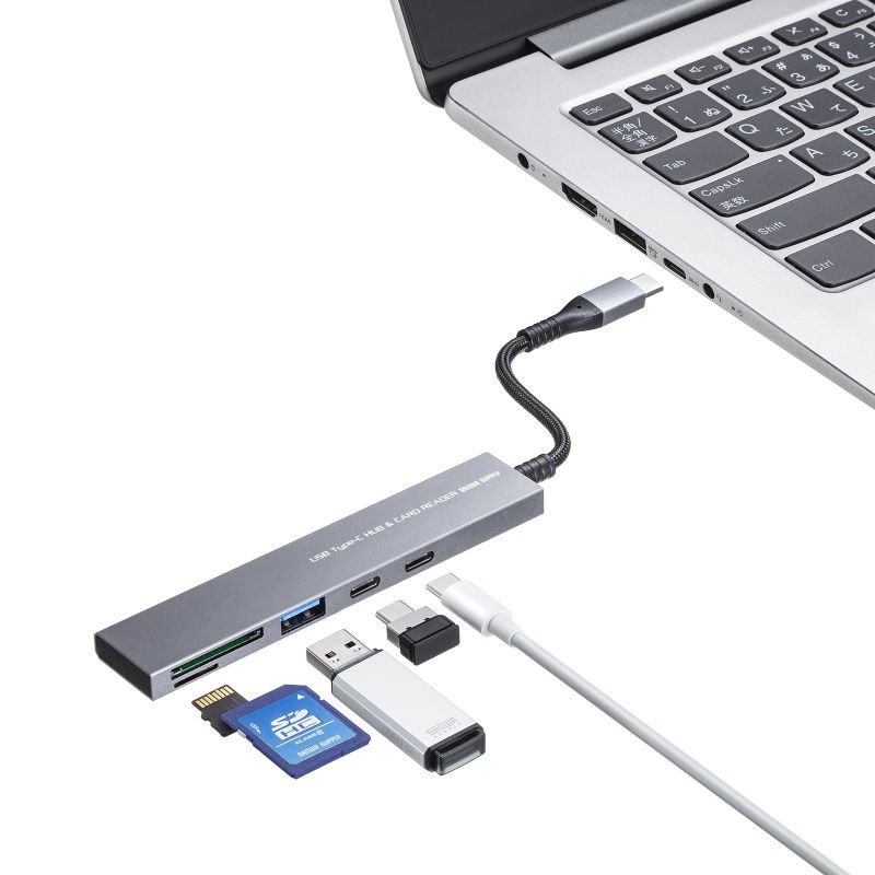 USB 5Gbps 3ポート スリム ハブ(カードリーダー付き・Type-C接続)【USB-3TCHC22MS】