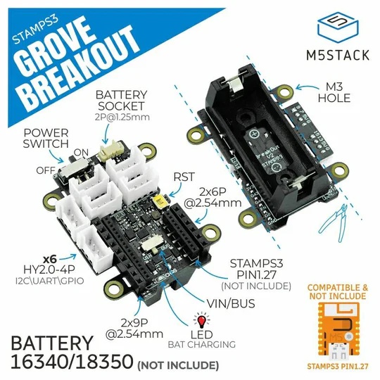 M5StampS3 Grove Breakout (1.27mmピッチピンソケット実装済)【M5STACK-A144】