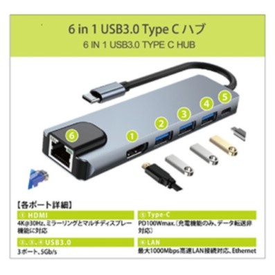 USB3.0 Type-Cハブ(6in1)【L-CHU6】