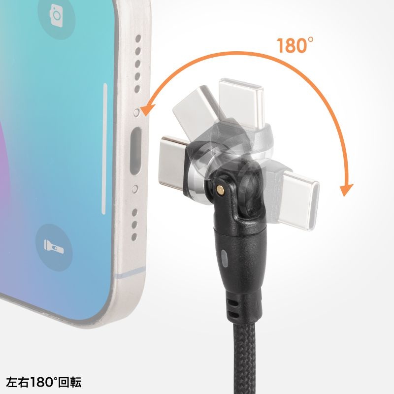 USB2.0 Type-C-Aコネクタ540°回転ケーブル・1m【KU-CAKA10BK】