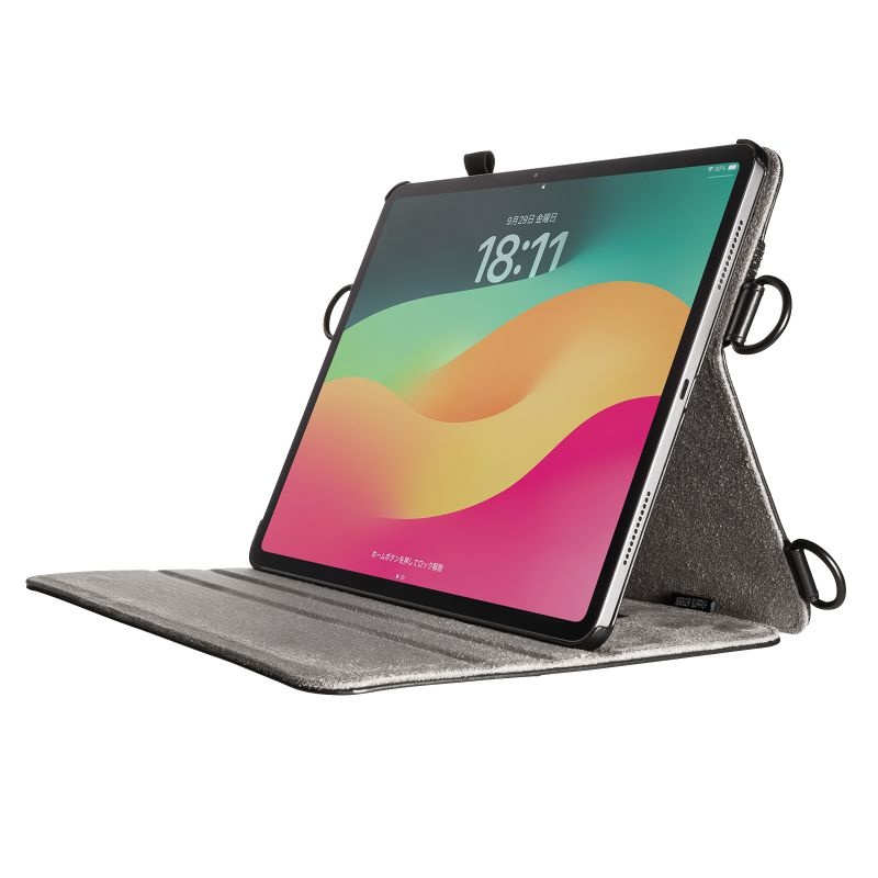 iPad Air 13インチ(M2/2024)用スタンド・ベルト付きケース【PDA-IPAD2112BK】