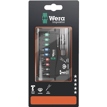 WERA ヴェラ 10点組 ダイヤモンドコーティング インパクト用ドライバービット/ホルダーセット 差込6.35mm ケース付【073980】