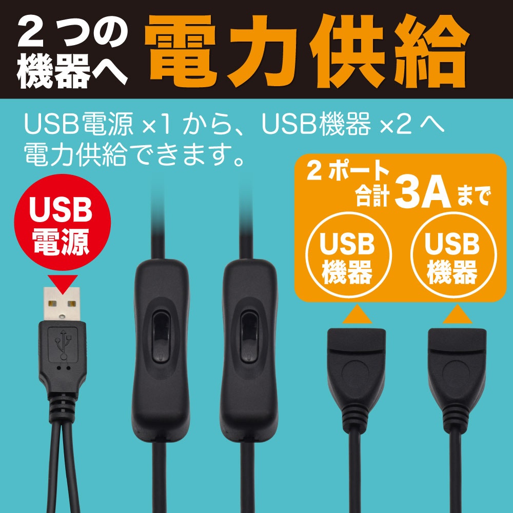 USB電源分岐ケーブル(スイッチ付き、0.3m)【USBSPC-03】