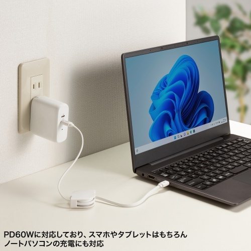 巻き取り式USB2.0 Type-Cケーブル(PD60W ホワイト)【KU-CCP60M08W】