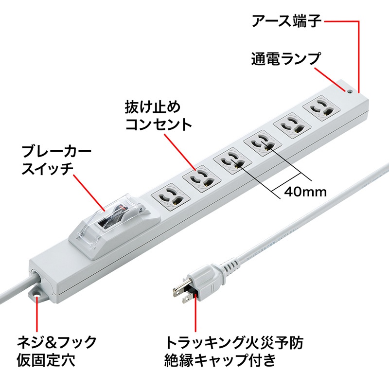安全ブレーカータップ(オフィス・工場用・3P・6個口・3m)【TAP-BR36A-3】