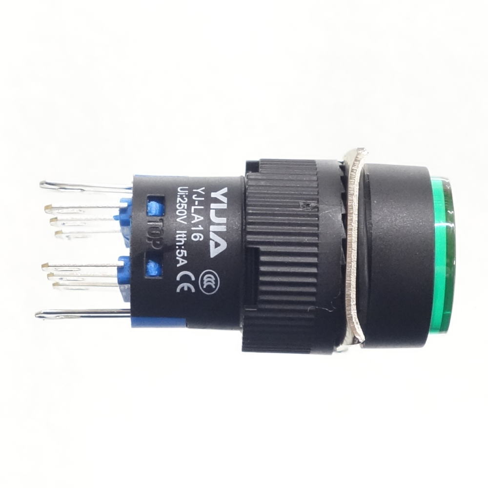 φ16LED照光式押しボタンスイッチ(緑・オルタネイト・3V)【YJ-LA16-22DNZS/Y3VG】