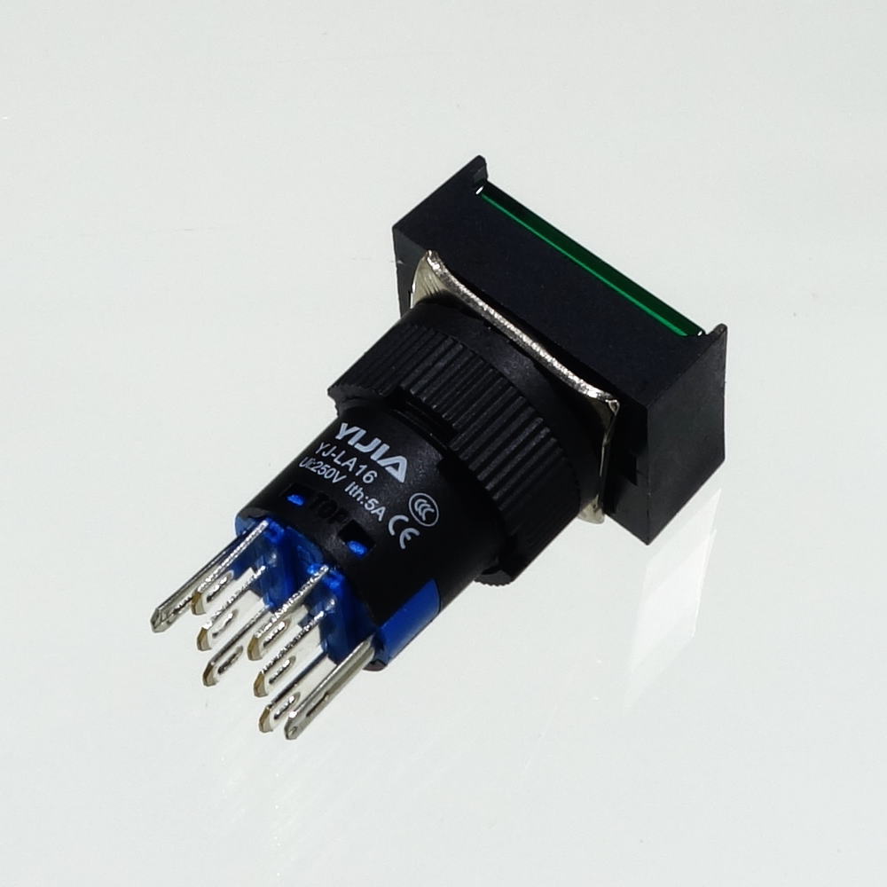 φ16LED照光式押しボタンスイッチ(緑・オルタネイト・3V)【YJ-LA16-22DNZS/J3VG】