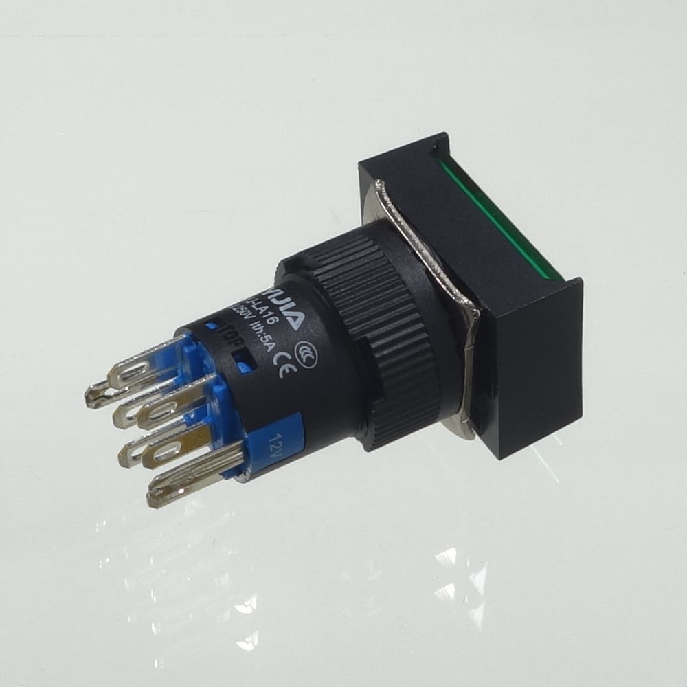φ16LED照光式押しボタンスイッチ(緑・オルタネイト・12V)【YJ-LA16-22DNZS/J12VG】