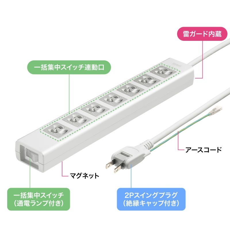 抜け止めシャッタータップ(3P・7個口・2m)【TAP-F37SH-2ZS】