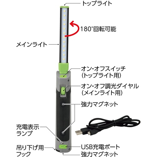 緑十字 折りたたみ式LEDスリムライト OSL-180 300(165)×44×34mm ダイヤル調光式【353017】
