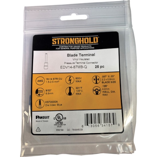 ストロングホールド ビニール絶縁被覆付ブレード端子 電線サイズ:AWG16～14/1.25～2sq 25個入り【EDV14-87MB-Q】