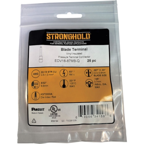ストロングホールド ビニール絶縁被覆付ブレード端子 電線サイズ:AWG22～18/0.3～0.75sq 25個入り【EDV18-87MB-Q】
