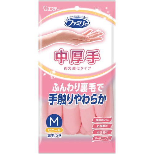 エステー ファミリー ビニール中厚手 指先強化 M ピンク【ST71211】