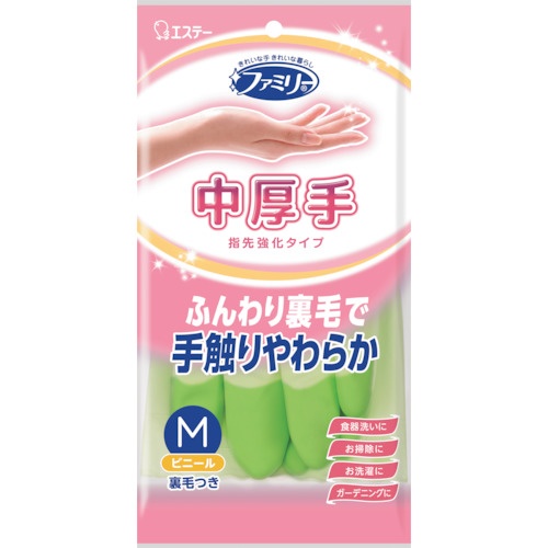 エステー ファミリー ビニール中厚手 指先強化 M グリーン【ST71212】